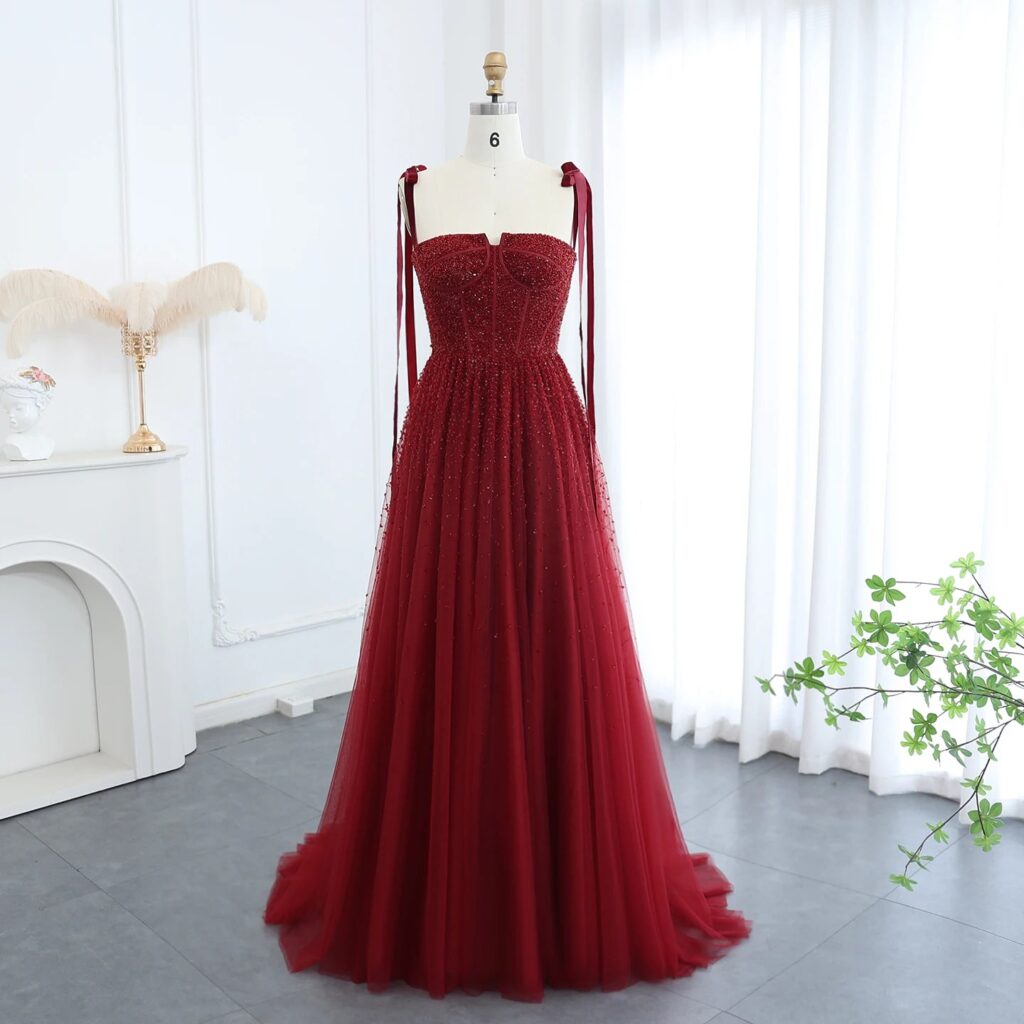 Luxury Beaded Wine Red Evening Dresses with Straps Elegant Women Arabic Wedding Party Gown