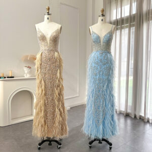 Luxury Feathers Mermaid Evening Dresses for Women Wedding Spaghetti Straps Prom Formal Gowns
