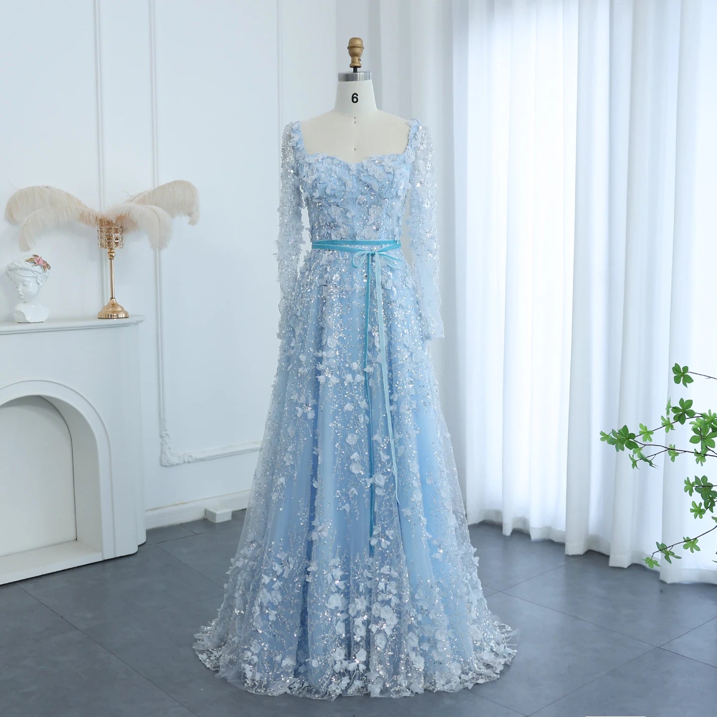Luxury 3D Flower Gray Long Sleeves Evening Dresses for Women Wedding Party Elegant A-line Formal Gowns - Image 2