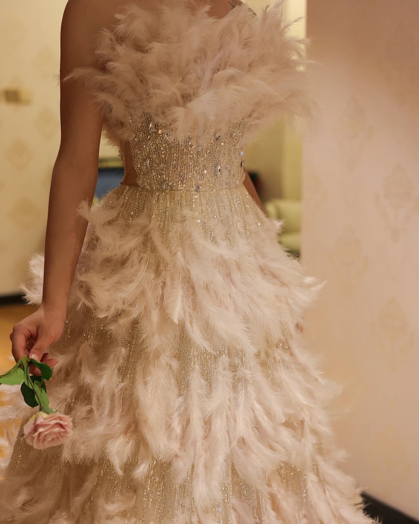 Feathers Princess Crystal Organza Ball Gown Evening Dresses for Women Wedding Engament Party Dress - Image 7