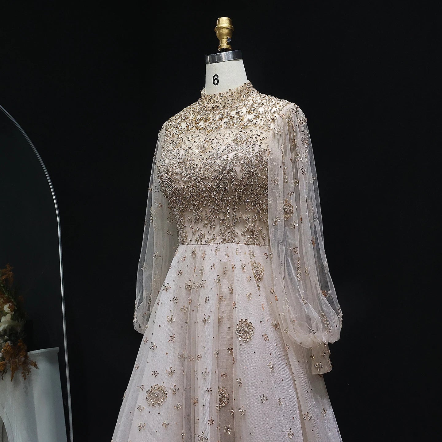 Elegant Champagne Luxury Women Evening Dress for Wedding Long Sleeves Party Formal Gowns - Image 3