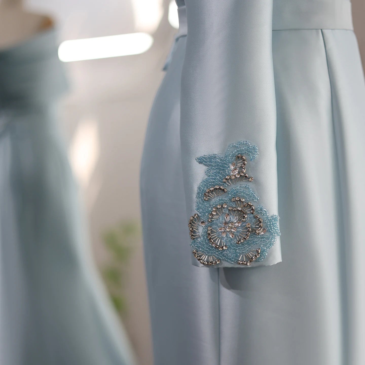 One Shoulder Mermaid Evening Dress with Cape Baby Blue Beaded Luxury Wedding Party Dress - Image 6