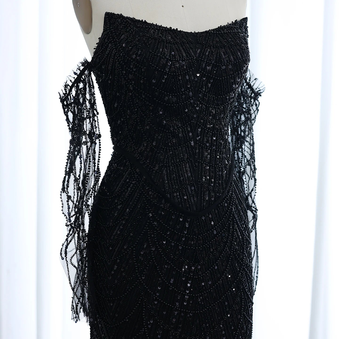 Beads Black Mermaid Long Sleeve Arabic Evening Dress for Women Party Formal Dress Dubai Prom Dress - Image 5