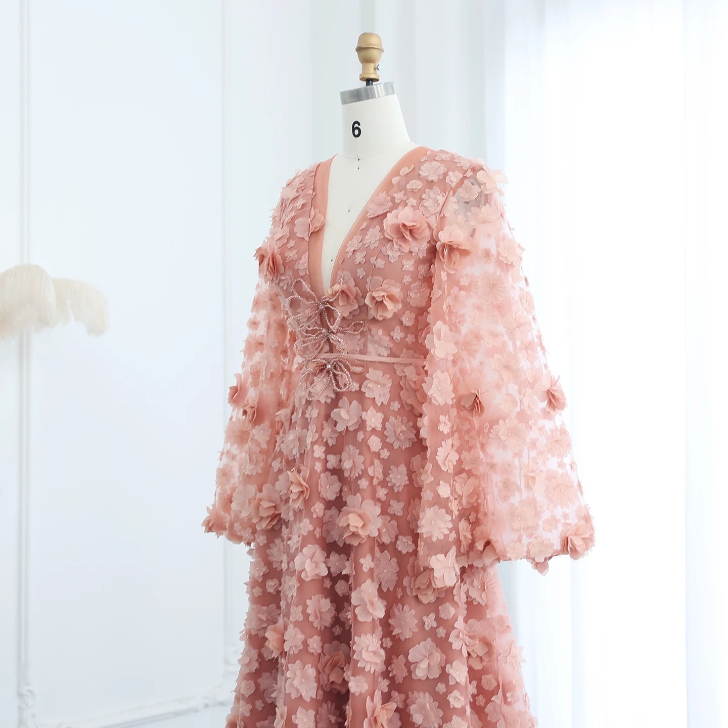 Blush Peach-Pink 3D Flowers Evening Dresses with Bell Long Sleeves V-Neck Wedding Party Birthday Gowns - Image 3