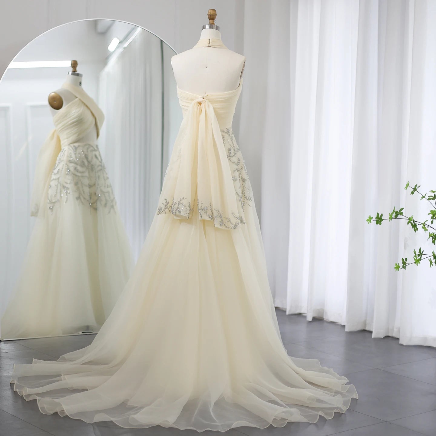 Halter Beige Evening Dress for Women Wedding Luxury Crystal Long Prom Party Dresses - Image 8