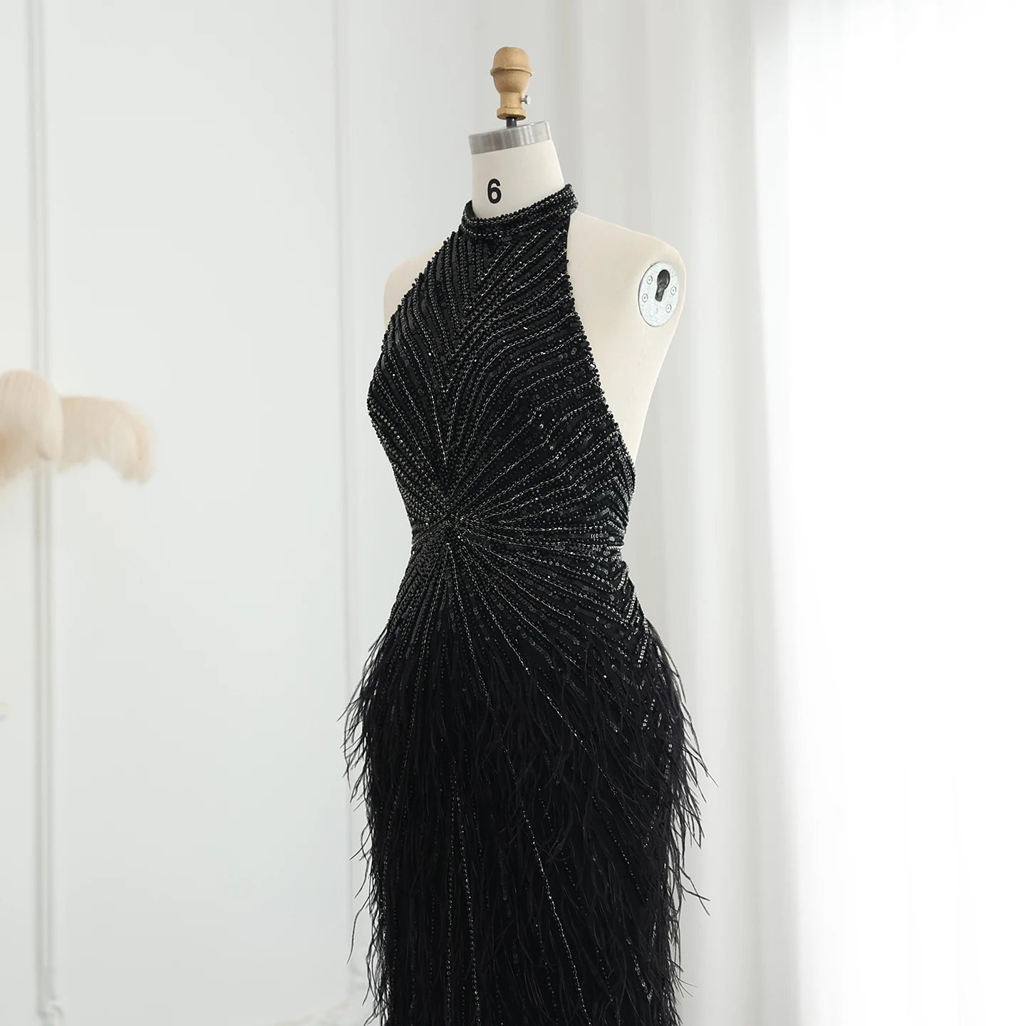 Luxury Beaded Feathers Mermaid Silver Gray Evening Dress Halter Backless Blue Beige Formal Party Gown - Image 9