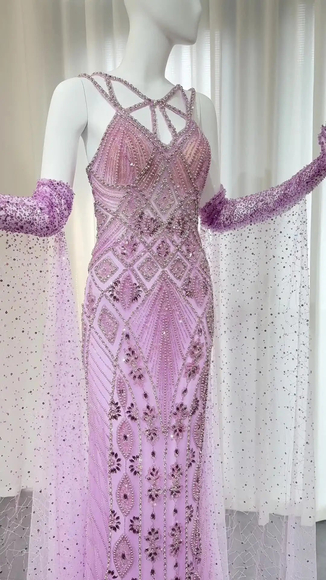 Luxury Lilac Evening Dresses with Gloves Cape Sleeves Long Straight Beyonce Celebrity Prom Party Gowns - Image 2