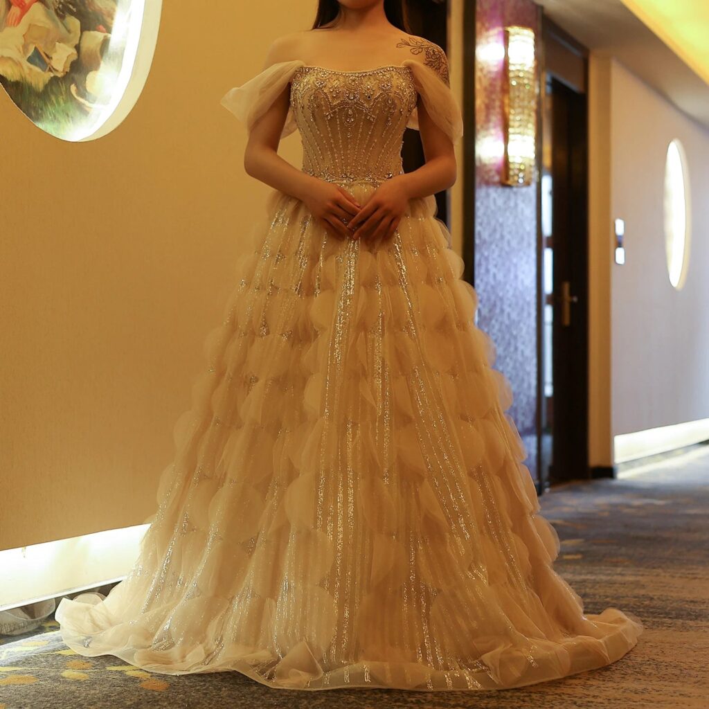 Crystal Princess Ball Gown Blush Pink Ruffles Evening Dress for Women Wedding Engagement Party Dress
