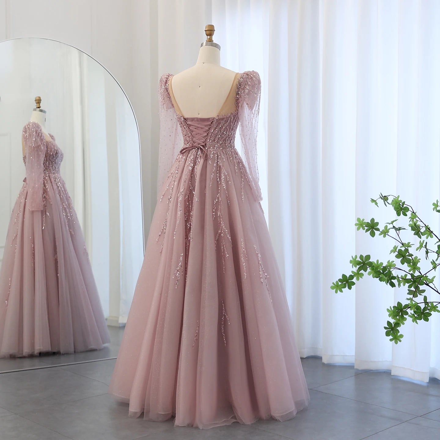 Dusty Pink Long Sleeves Luxury Evening Dress for Women Wedding Party Formal Prom Gowns - Image 6