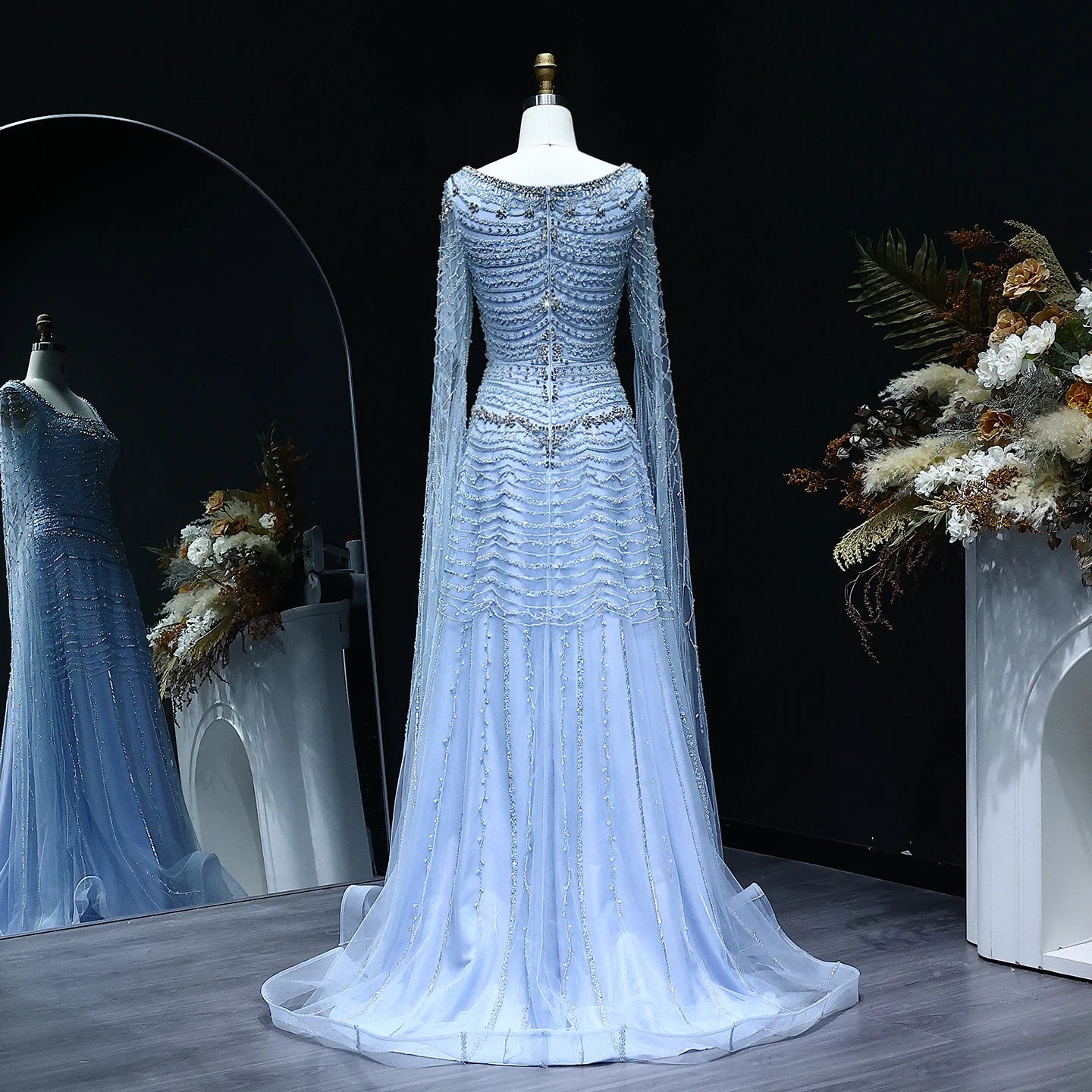 Luxury Nude Evening Dress with Cape Sleeves Blue White Women Wedding Party Gowns - Image 10