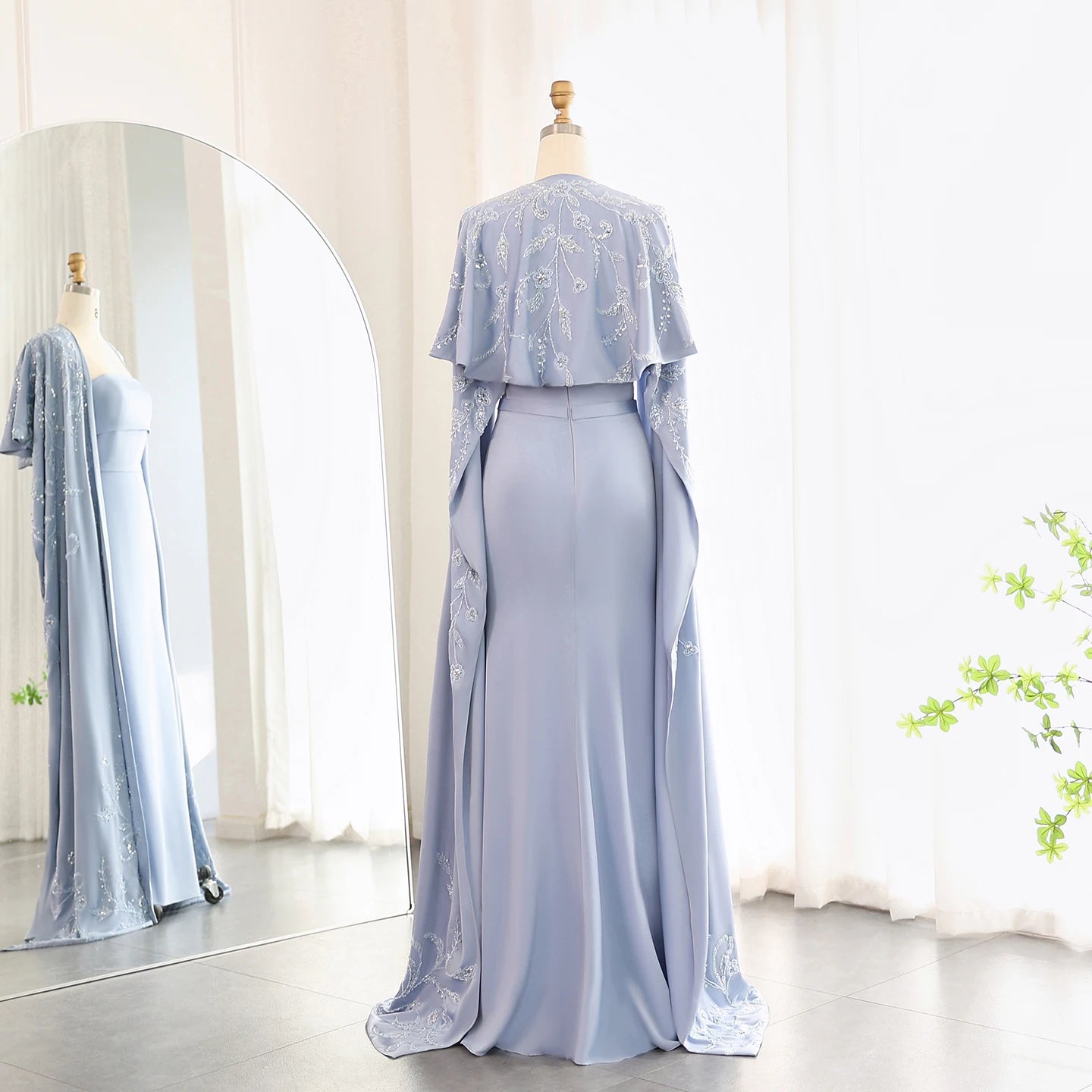 Blue Mermaid Evening Dress with Cape Sleeves 2024 Luxury Beaded Women Wedding Guest Party Gowns - Image 7