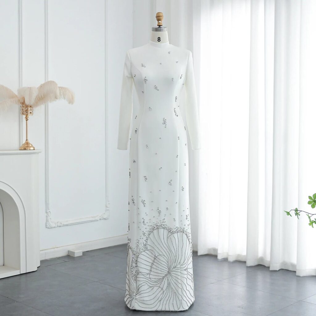 High Neck Straight White Satin Arabic Evening Dress For Women Wedding Beads Slit Long Sleeves