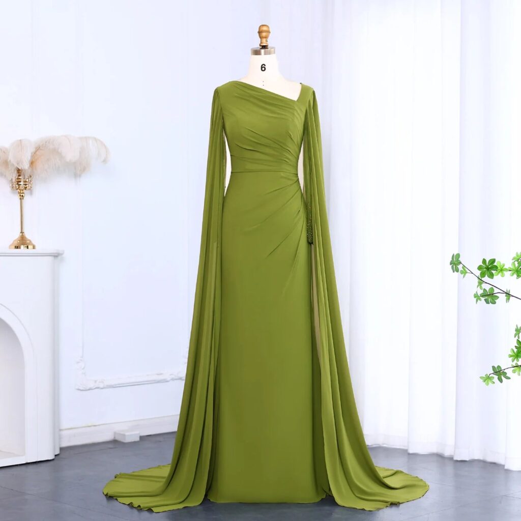 Asymmetrical Sage Green Chiffon Evening Dress with Cape Sleeve For Women Wedding