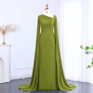 Asymmetrical Sage Green Chiffon Evening Dress with Cape Sleeve For Women Wedding