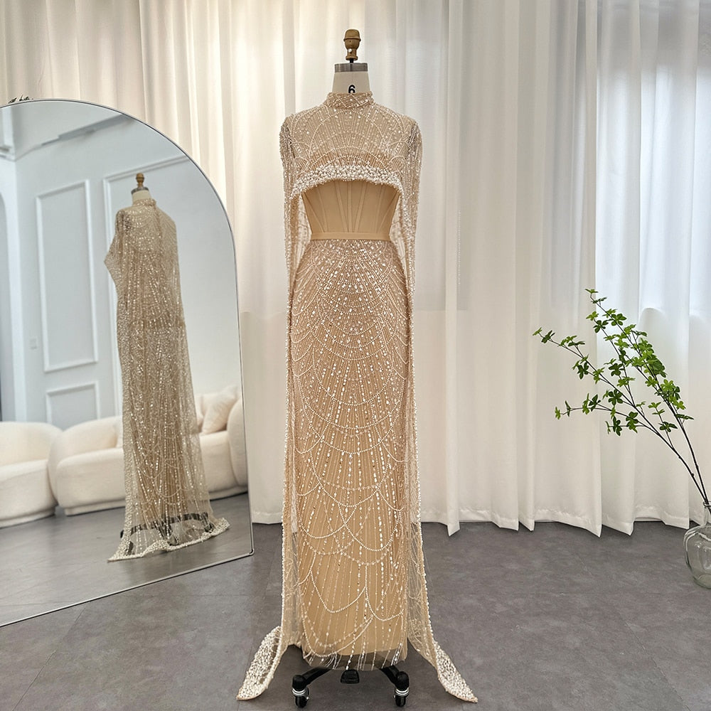 Luxury Pearls Champagne Evening Dresses with Cape Women Mermaid Wedding Party Prom Dress - Image 12