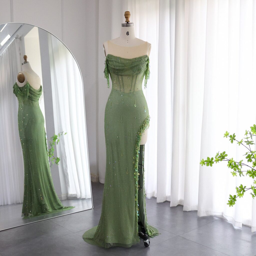 Luxury Crystal Evening Dresses Arabic Sexy High Slit Prom Dress for Women Wedding Party