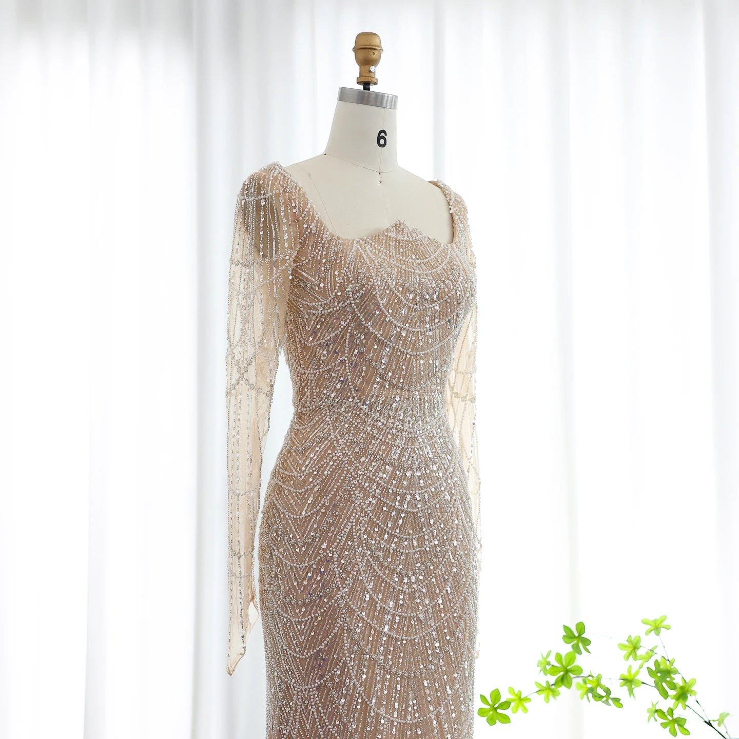 Beads Black Mermaid Long Sleeve Evening Dress for Women Champagne Formal Dresses Prom Dress - Image 15
