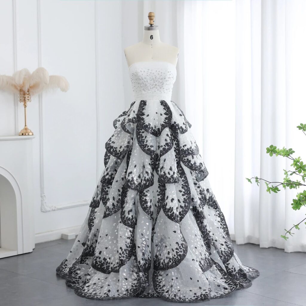 Luxury Black and White Ball Gown Evening Dress for Women Wedding Elegant Ruffles Engagement Party Gowns