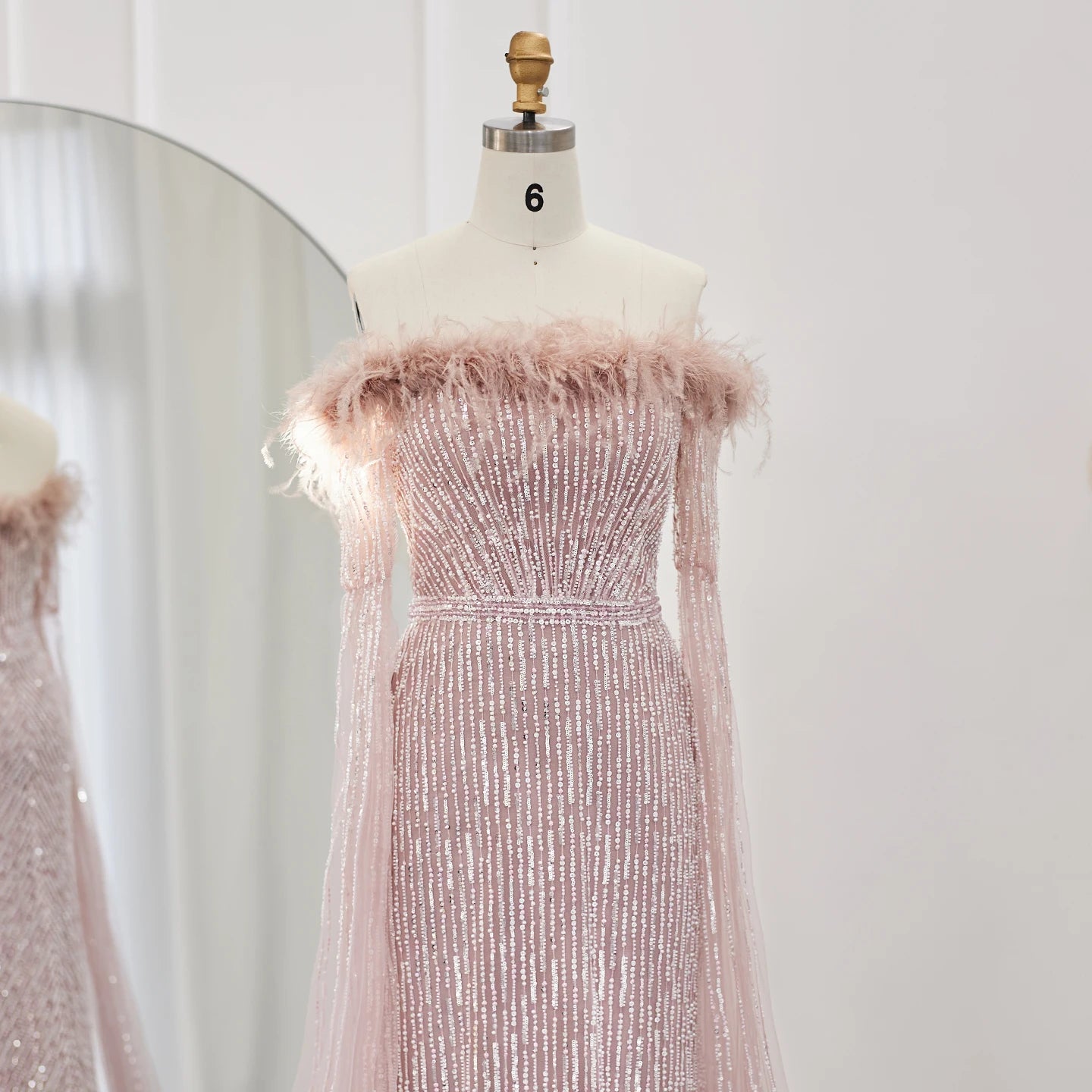 Luxury Feathers Mermaid Sage Green Evening Dresses with Cape Sleeves Pink Yellow Wedding Party Gowns - Image 7