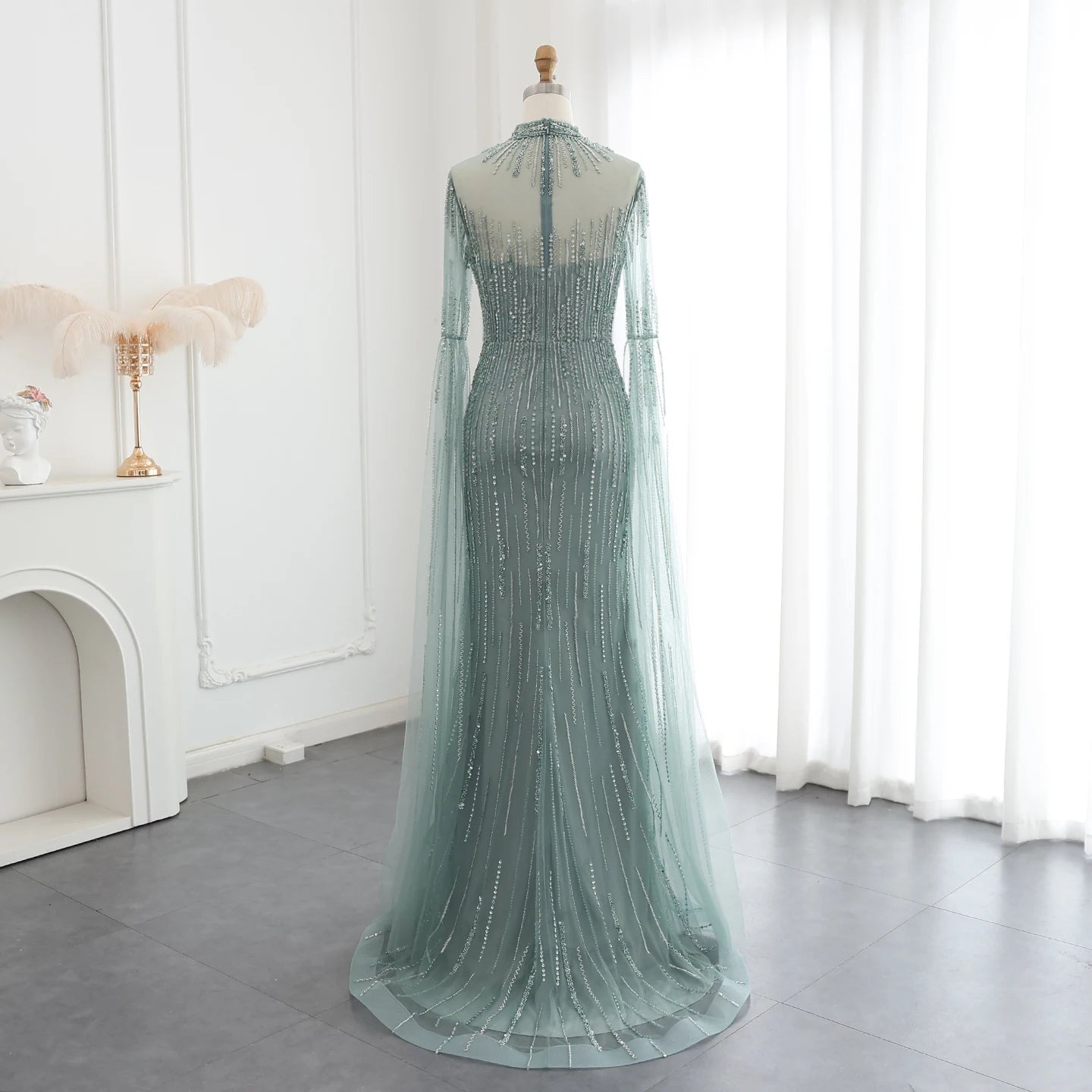 Luxury Beaded Mermaid Green Evening Dress with Cape Sleeve High Neck Side Slit Nude Women Wedding Party Gowns - Image 7