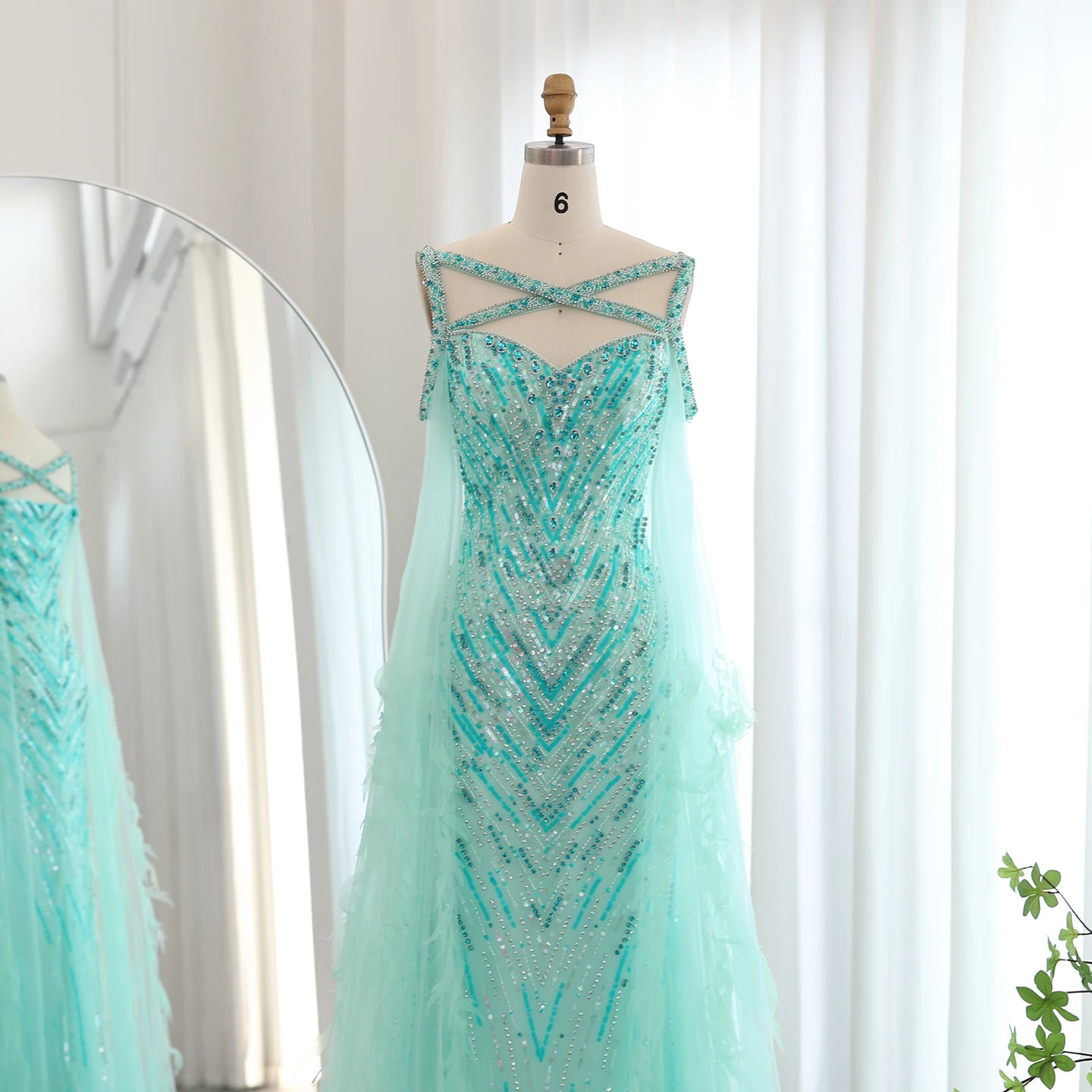 Fuchsia Mermaid Evening Dresses with Cape Sleeves Luxury Turquoise Women Wedding Party Dress - Image 16