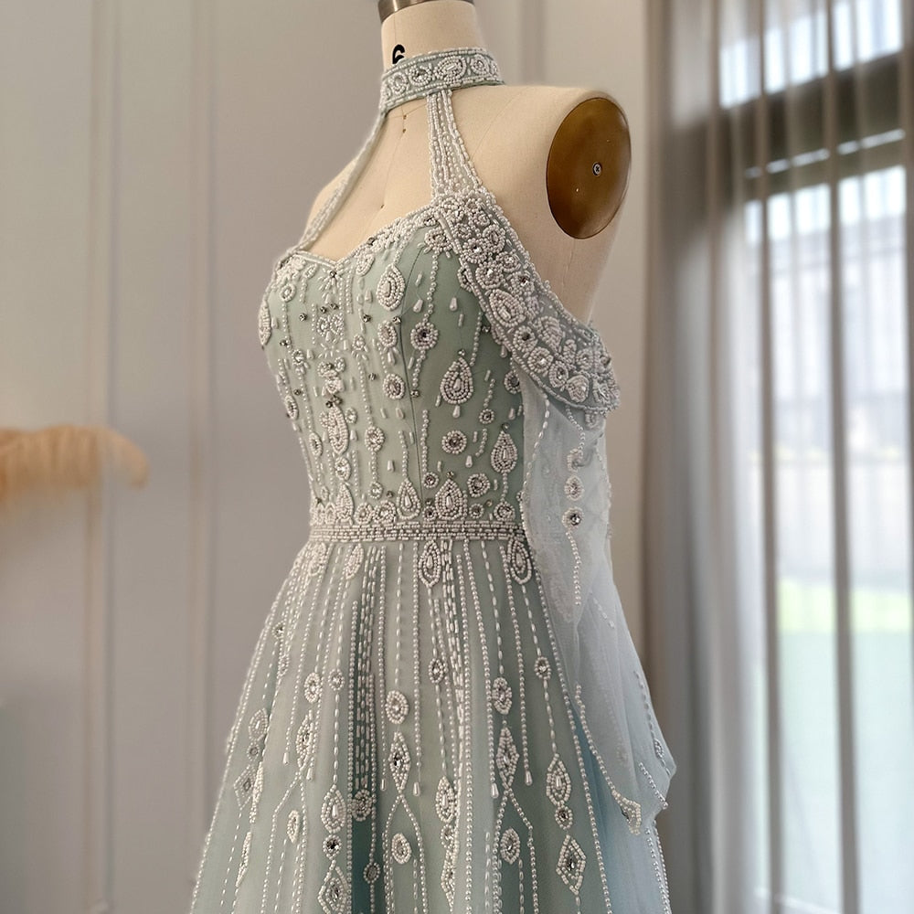 Luxury Light Blue Evening Dress for Wedding Elegant Off Shoulder Beaded Formal Party Gowns - Image 5