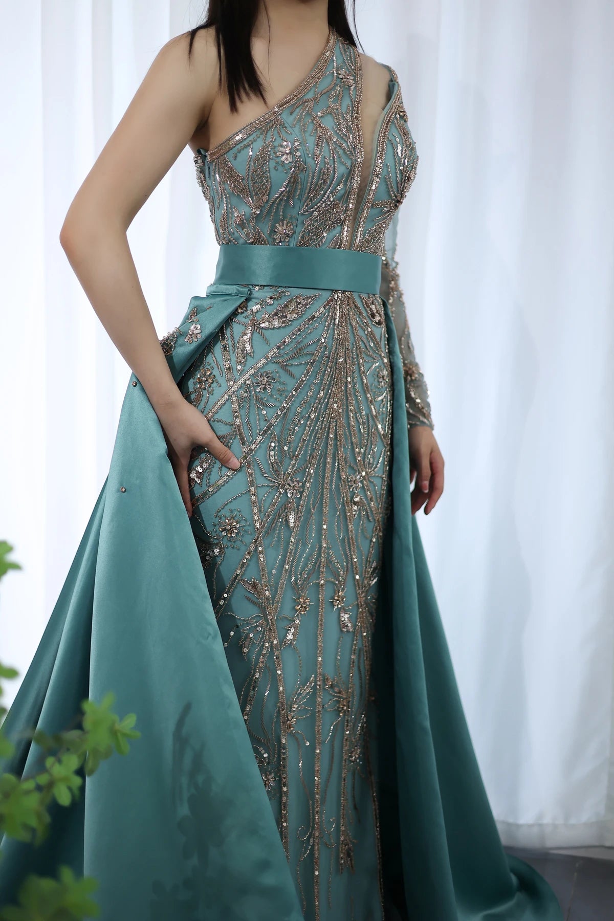 Luxury Beads One Shoulder Turquoise Evening Dress with Overskirt Women Wedding Party Gown - Image 7