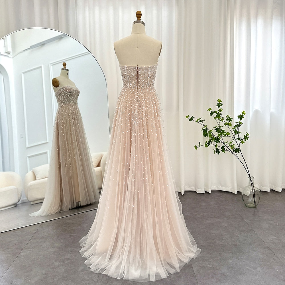 Luxury Pearls White Nude Evening Dresses with Gloves Elegant Women Wedding Bridal Party Gowns - Image 7