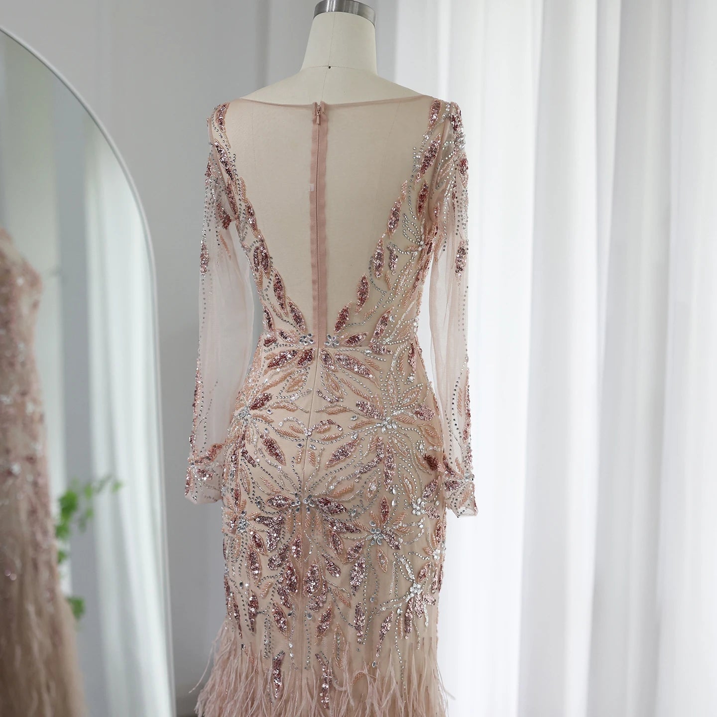Luxury Feathers Evening Dresses for Women Wedding Elegant Long Sleeves Mermaid Prom Party Gowns - Image 10