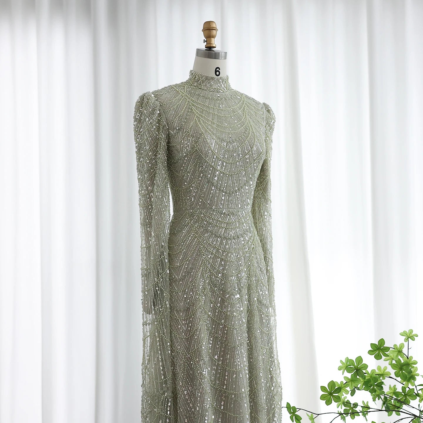 Sage Green Muslim Evening Dresses with Cape Sleeves High Neck for Arabic Women Wedding Party - Image 8