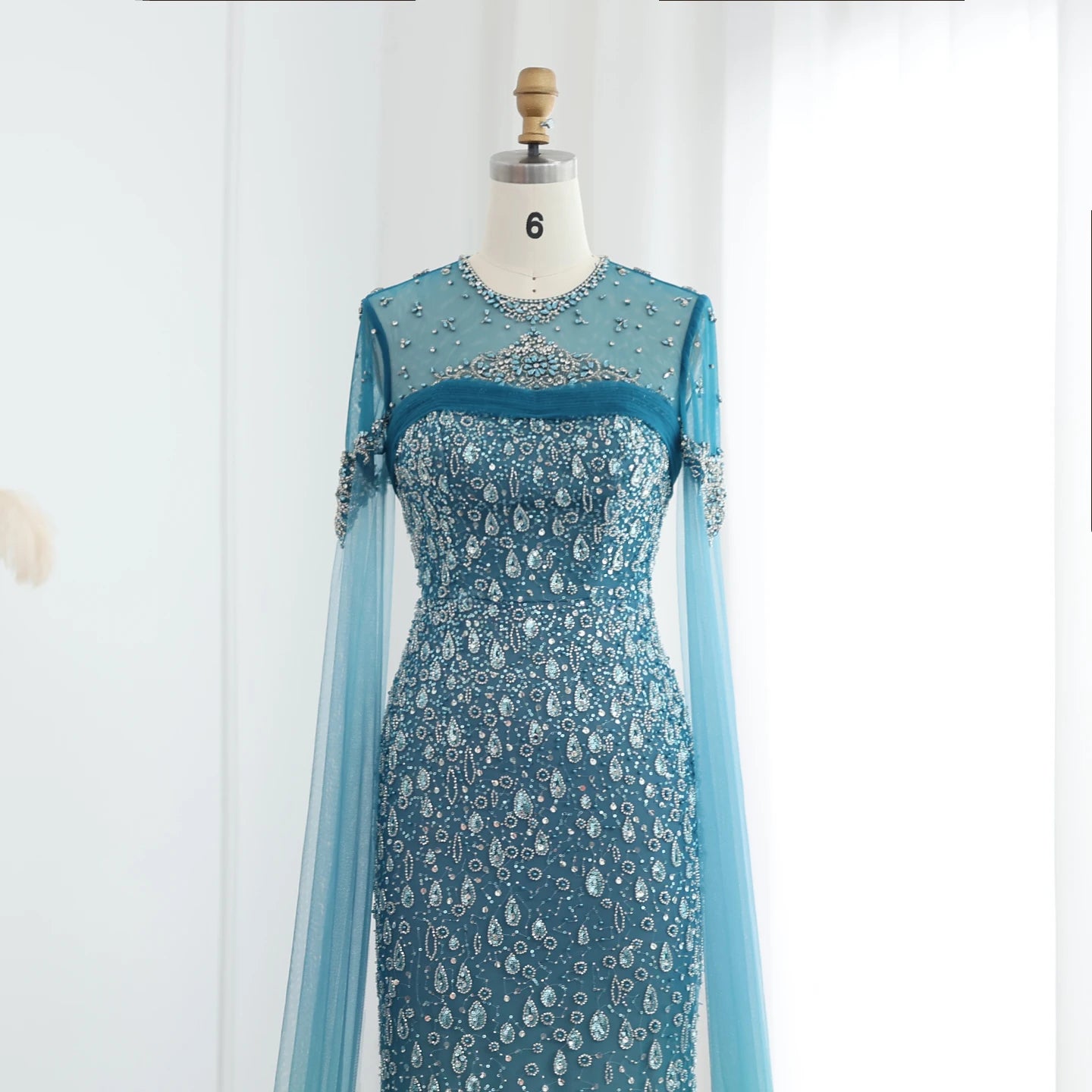 Mermaid Turquoise Crystal Evening Dresses with Cape Sleeves Arabic Women Wedding Party Gowns - Image 5