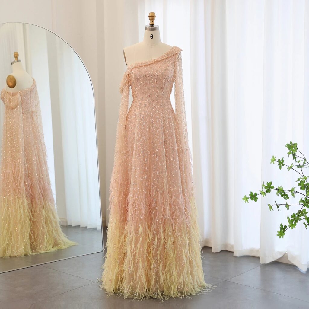 Luxury Feather One Shoulder Evening Dresses with Cape Sleeves Rose Gold Lilac Women Wedding Party Gowns