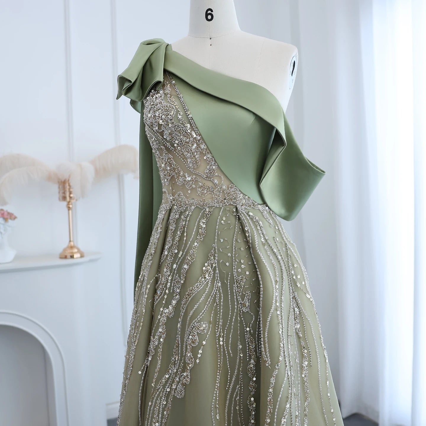 Luxury One Shoulder Olive Green Evening Dress with Cape Sleeves Side Slit Wedding Party Gowns - Image 2