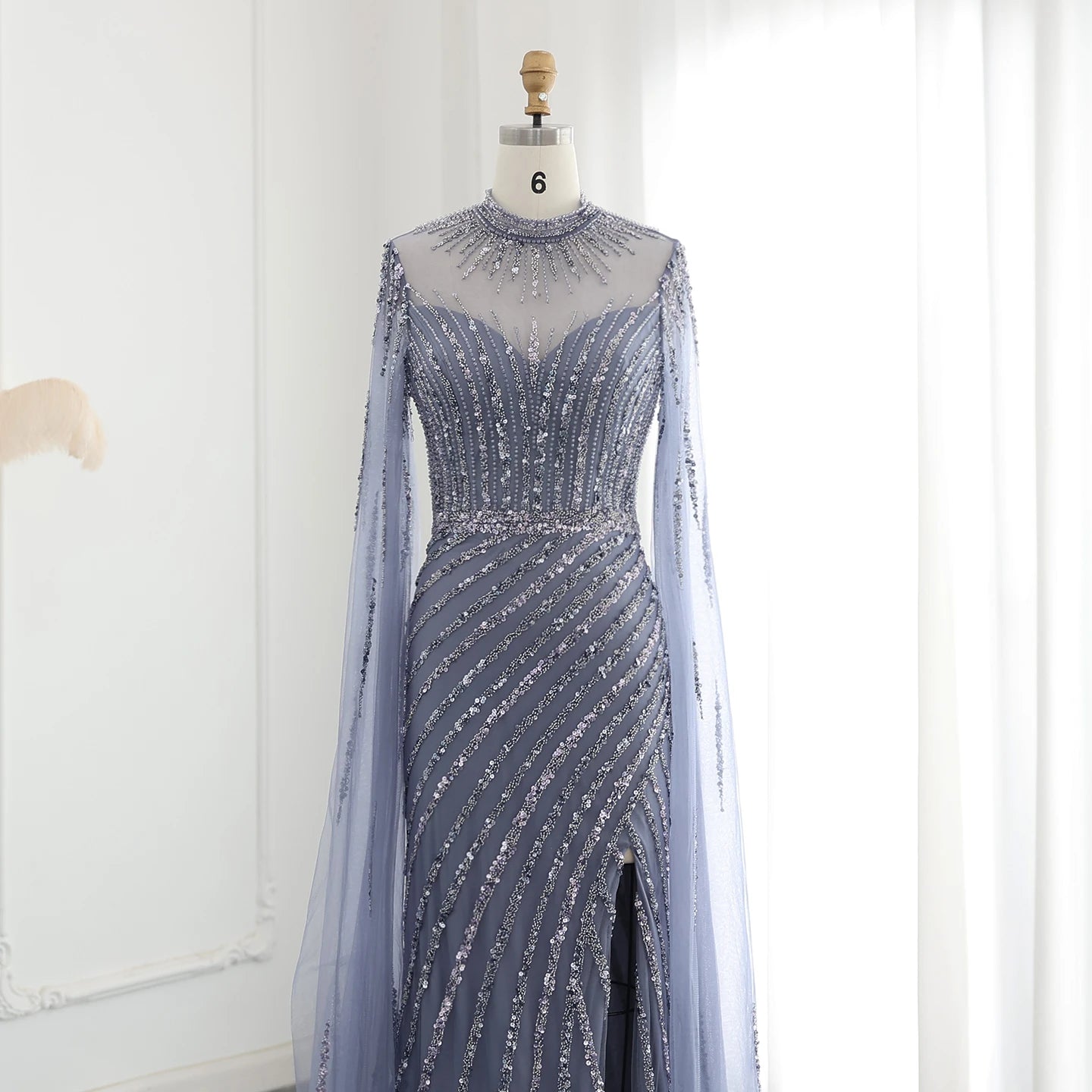 Luxury Beaded Mermaid Nude Evening Dress with Cape Sleeve One Shoulder Side Slit Women Wedding Party Gown - Image 9