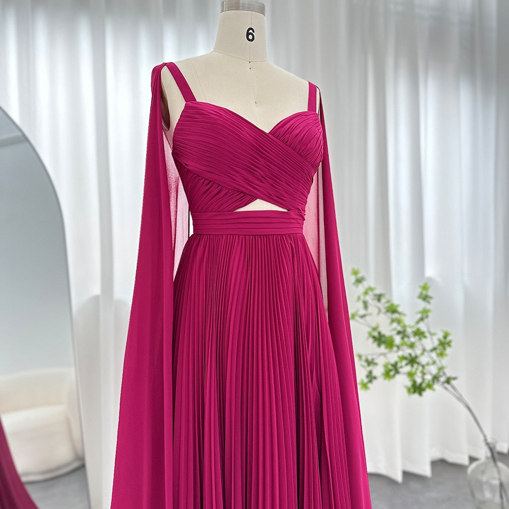 Fuchsia Chiffon Evening Dresses with Cape Sleeves Elegant Yellow Women Wedding Party Formal Gowns - Image 6