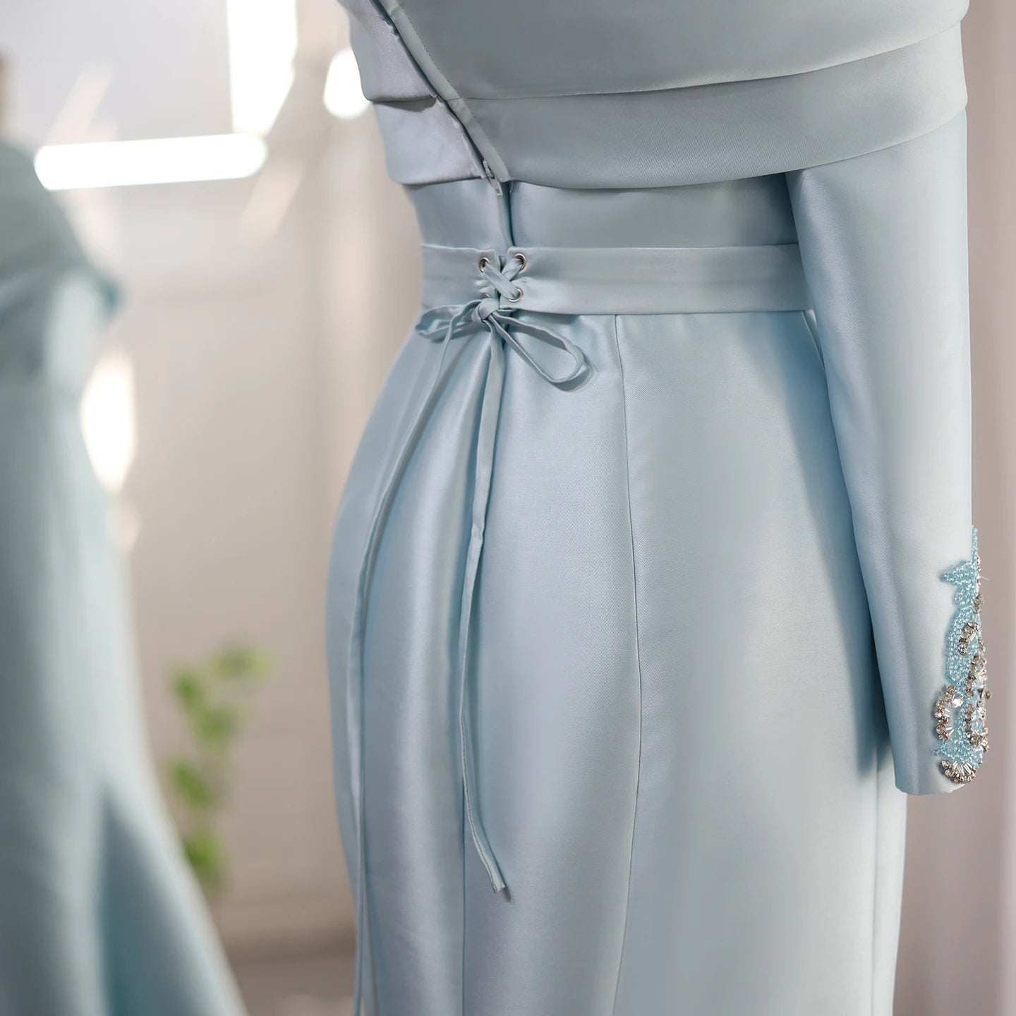 One Shoulder Mermaid Evening Dress with Cape Baby Blue Beaded Luxury Wedding Party Dress - Image 8