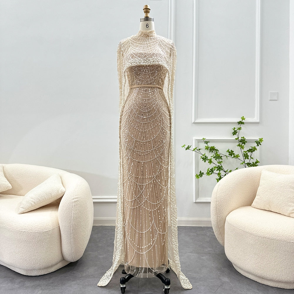 Luxury Pearls Champagne Evening Dresses with Cape Women Mermaid Wedding Party Prom Dress - Image 17