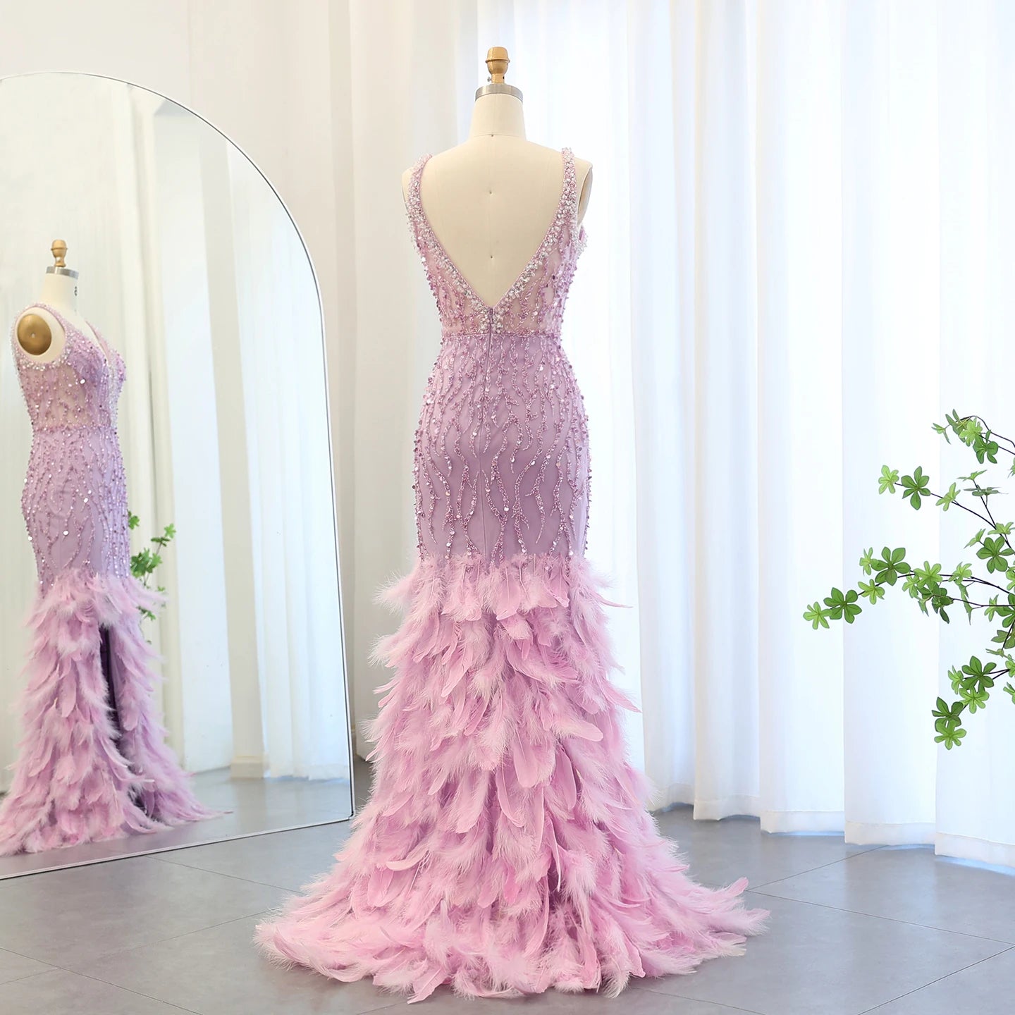 Luxury Feathers Mermaid Evening Dresses for Women Wedding V-Neck Blue Side Slit Long Prom Party Dress - Image 15