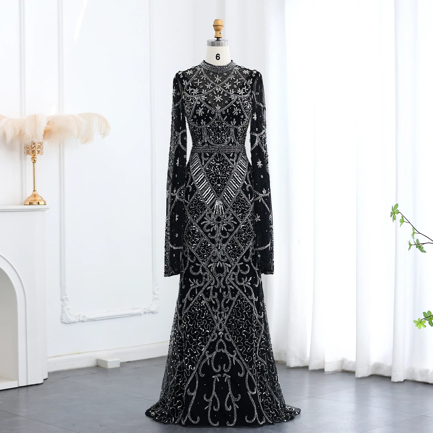Black Beaded Luxury Evening Dress with Flare Long Sleeves High Neck Formal Party Gowns - Image 2