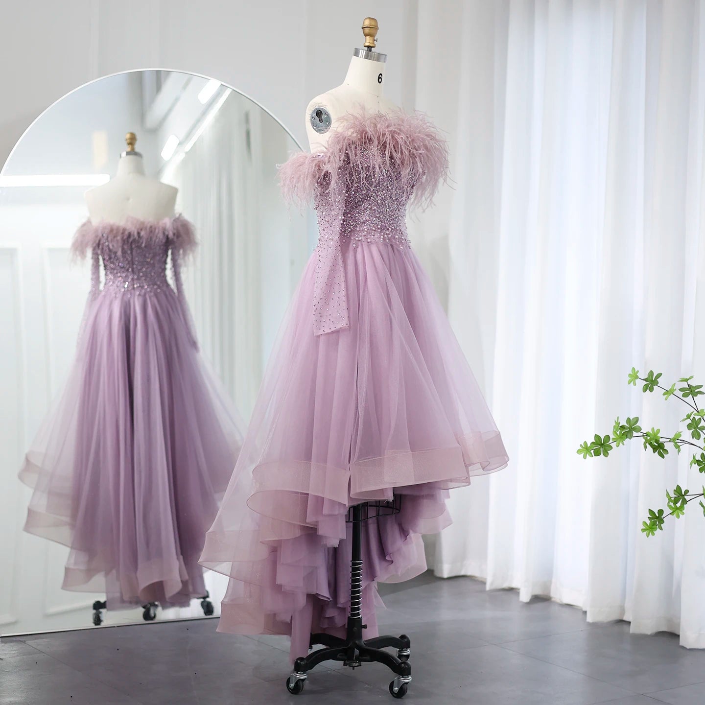Luxury Feathers Purple High Low Evening Dresses Elegant Off Shoulder Arab Women Wedding Party Prom Dress - Image 5