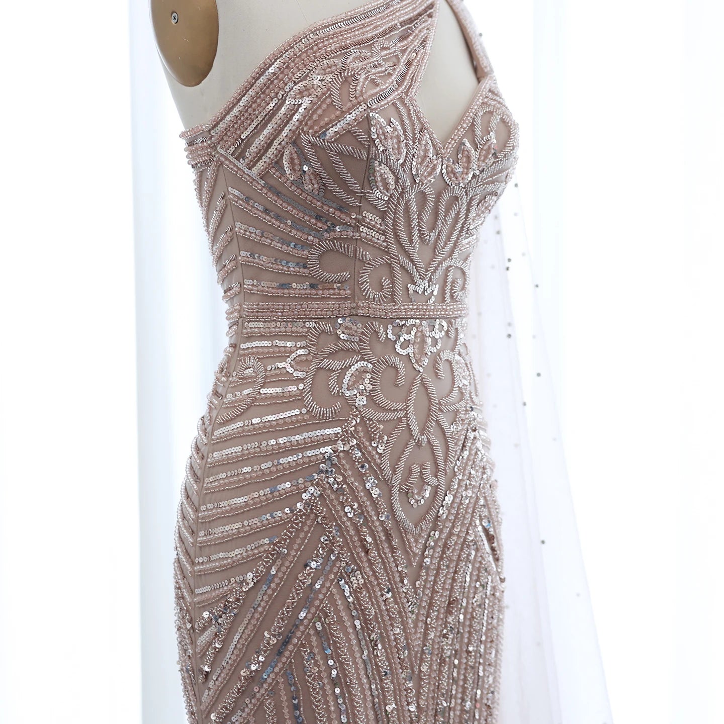 Luxury Beaded Mermaid Nude Evening Dress with Cape Sleeve One Shoulder Side Slit Women Wedding Party Gowns - Image 16