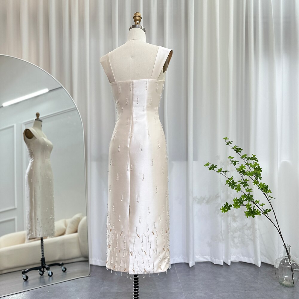 Beige Satin Midi Short Evening Dress Luxury Crystal Tassel Women Wedding Formal Party Gowns - Image 7