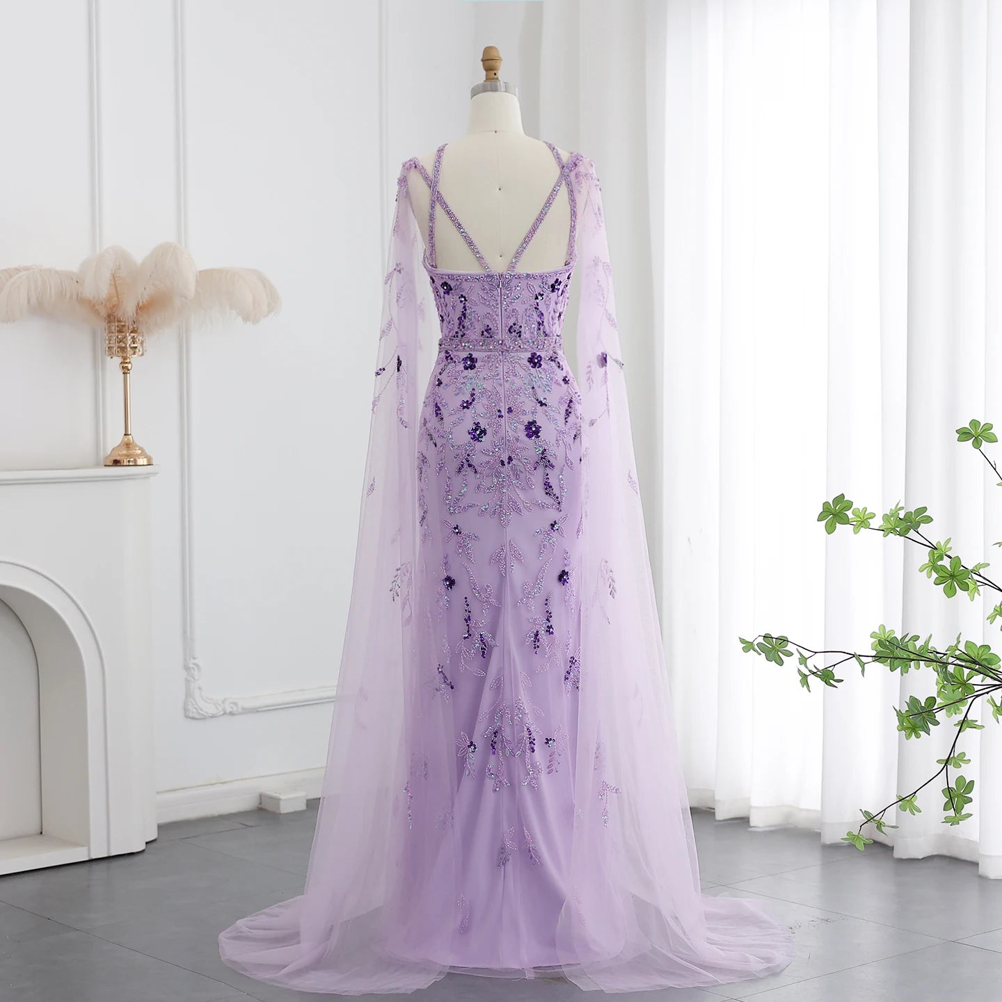 Luxury Lilac Evening Dresses with Cape Sleeves Criss Cross Elegant Arab Women Wedding Party Gowns - Image 11
