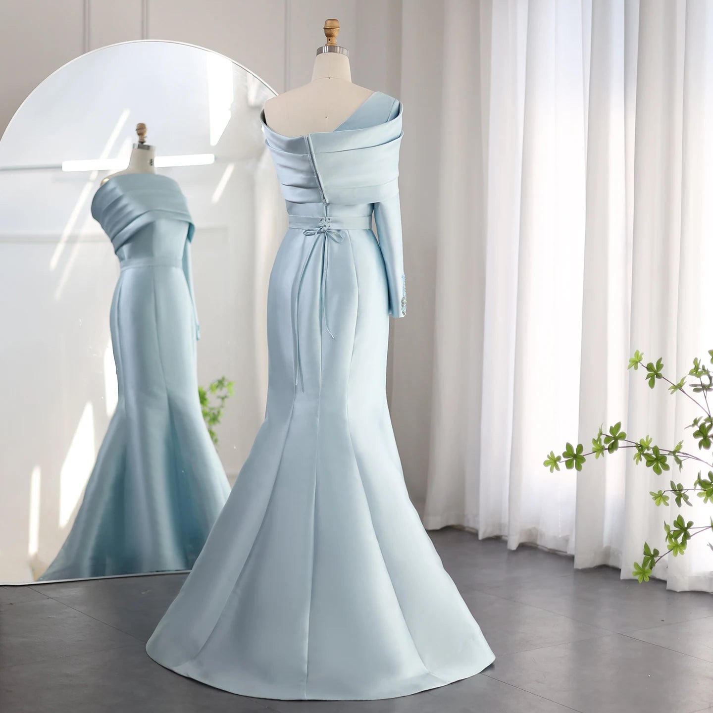 One Shoulder Mermaid Evening Dress with Cape Baby Blue Beaded Luxury Wedding Party Dress - Image 7