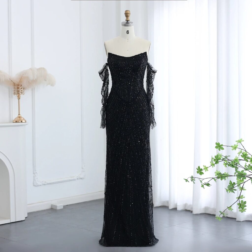 Beads Black Mermaid Long Sleeve Arabic Evening Dress for Women Party Formal Dress Dubai Prom Dress