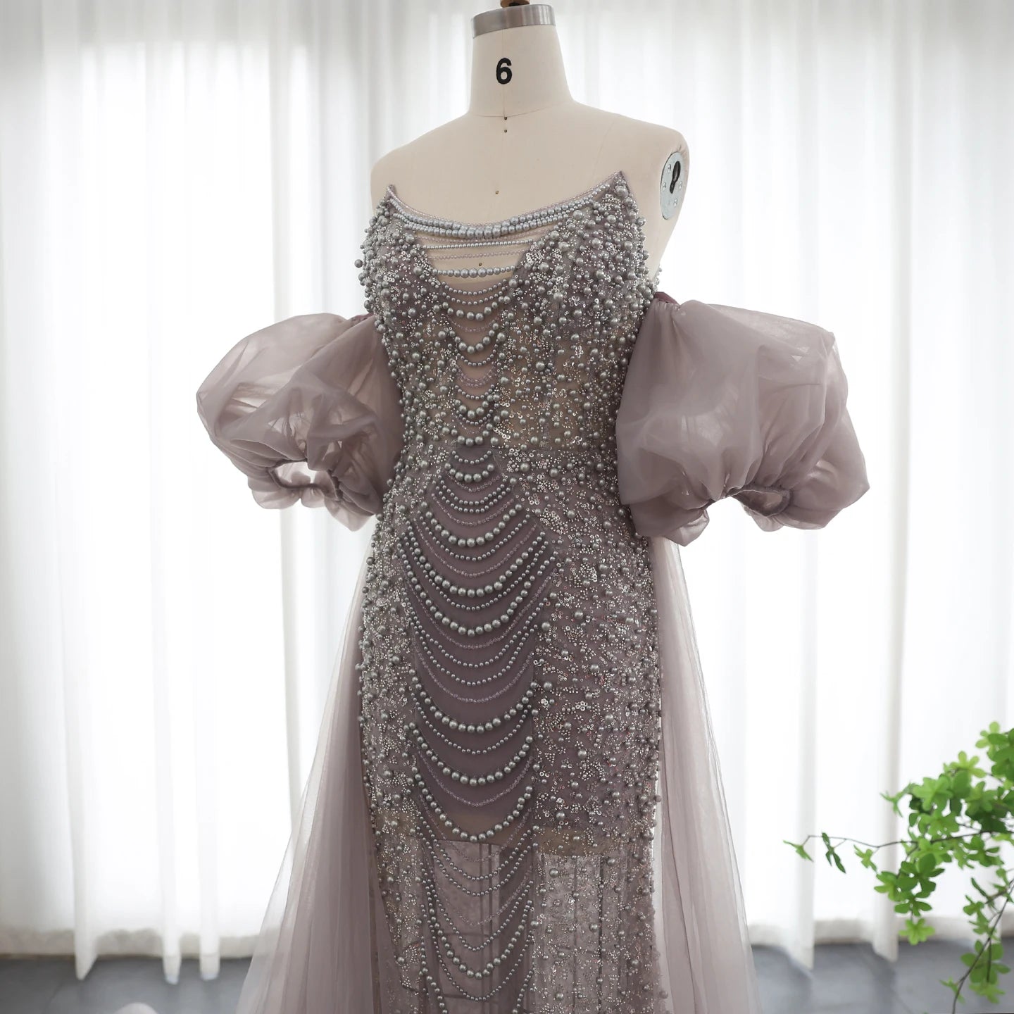Luxury Pearls Purple Mermaid Evening Dress with Cape Sleeves Tassel Wedding Party Gowns - Image 5