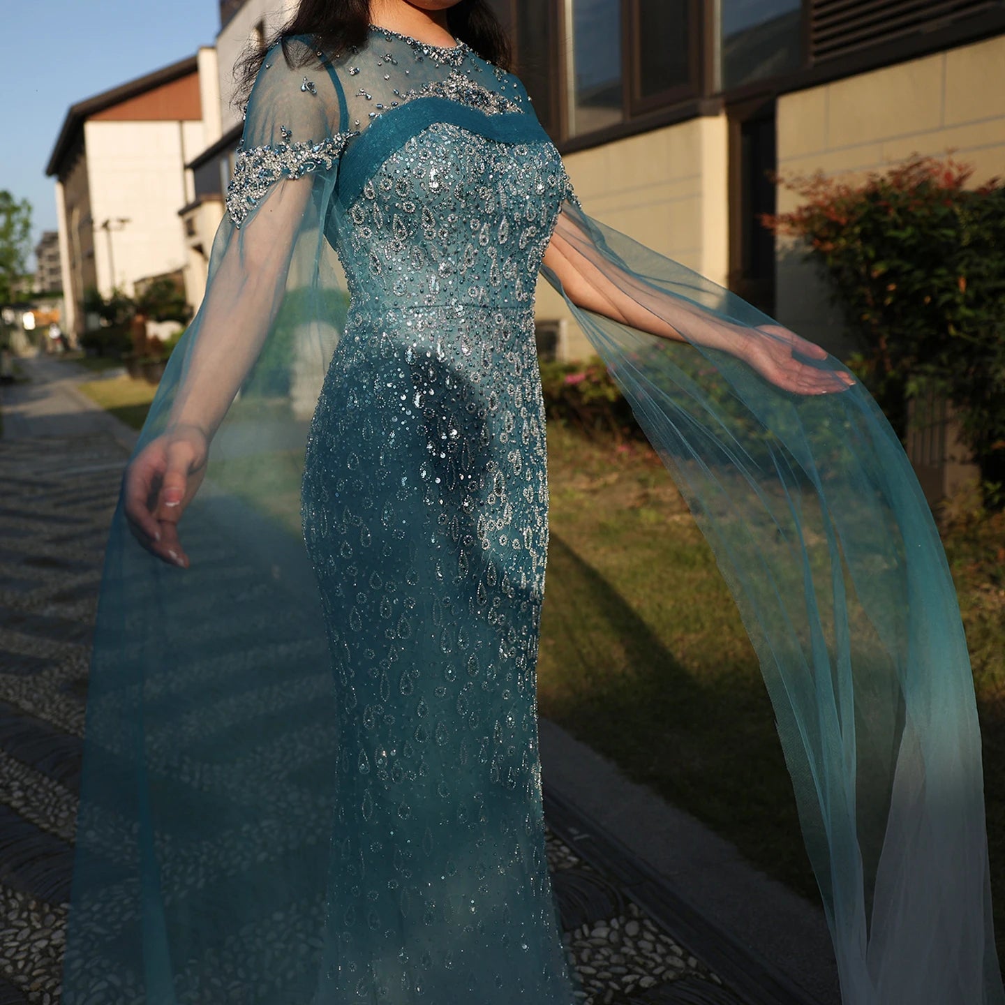 Mermaid Turquoise Crystal Evening Dresses with Cape Sleeves Arabic Women Wedding Party Gowns - Image 10