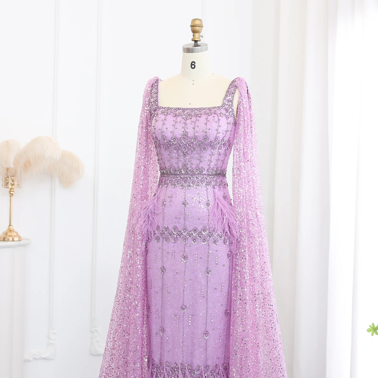 Mermaid Evening Dress with Cape Luxury Feather Formal Dresses for Women Wedding Party - Image 15