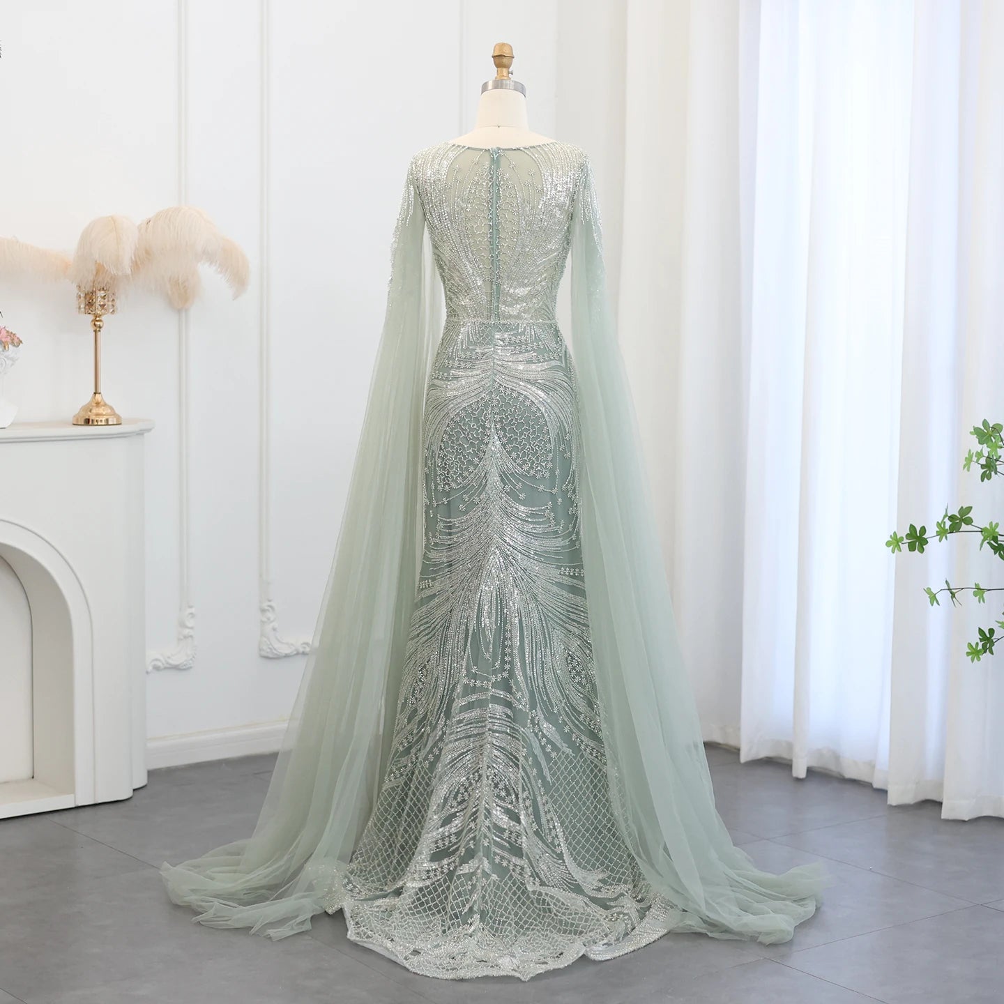 Luxury Blue Mermaid Evening Dress with Cape Sleeves 2024 Sage Green Plus Size Women Wedding Party Gowns - Image 17
