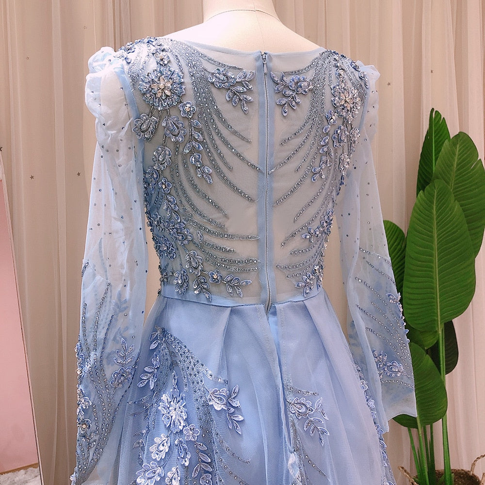 Blue Long Sleeve Overskirt Evening Dresses for Women Wedding Party Luxury Crystal Formal Dress - Image 9